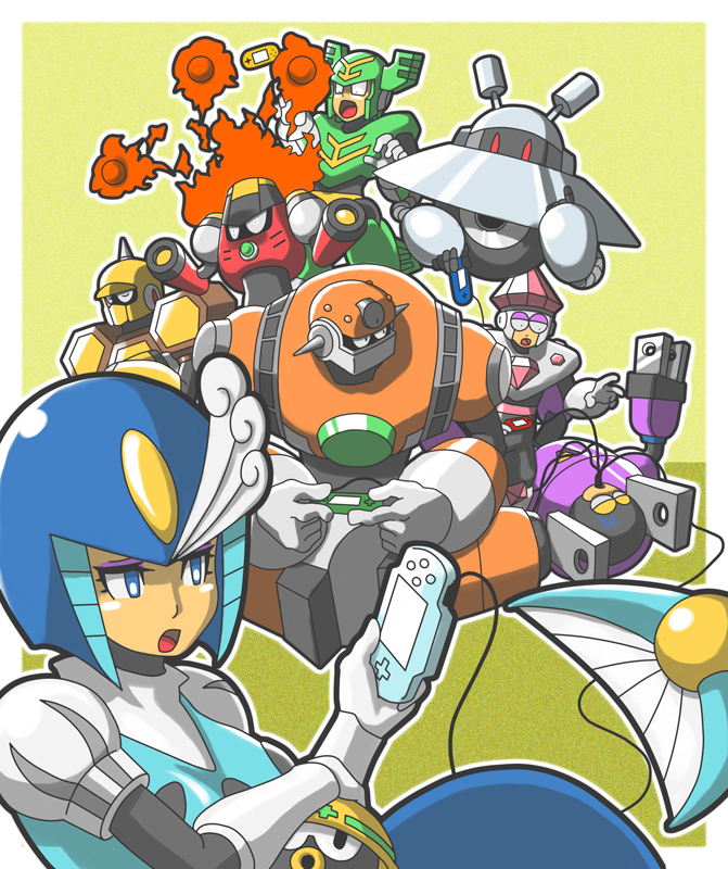 1girl cable capcom concrete_man fire galaxy_man handheld_game_console hornet_man jewel_man magma_man mega_man_(classic) mega_man_(series) mega_man_9 met_(mega_man) onoko playstation_portable plug_man robot splash_woman tornado_man