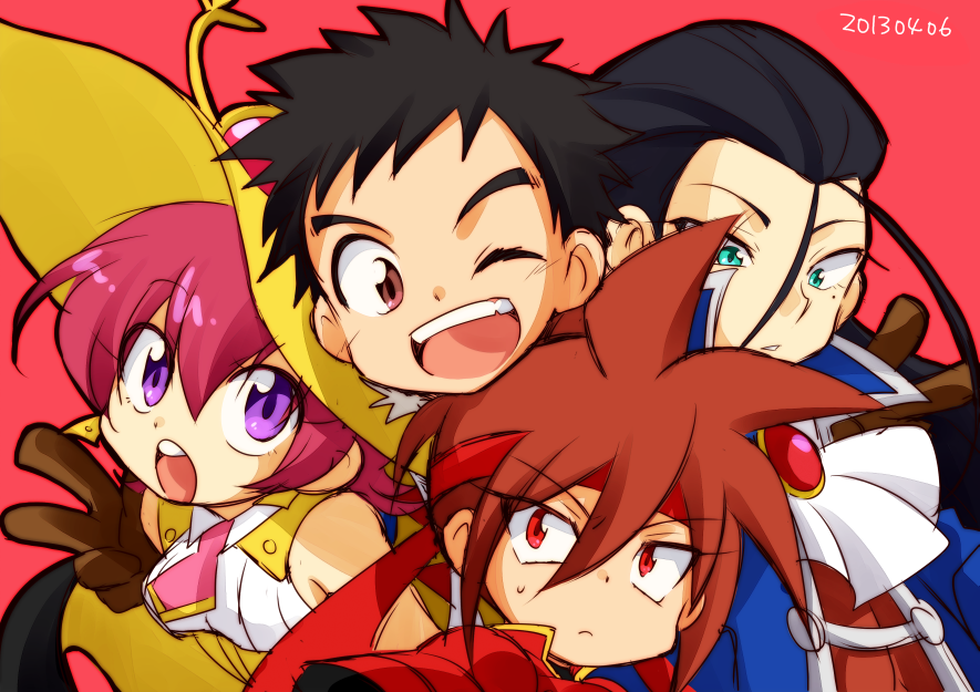 1girl 3boys ascot brown_hair coat dated double_v feylin glasses glasses_on_hat gloves green_eyes hagan hat headband kibamaru long_hair multiple_boys nagare_(tanken_driland) pink_background pink_hair purple_eyes red_eyes red_hair short_hair simple_background smile take_no_ko tanken_driland v witch witch_hat