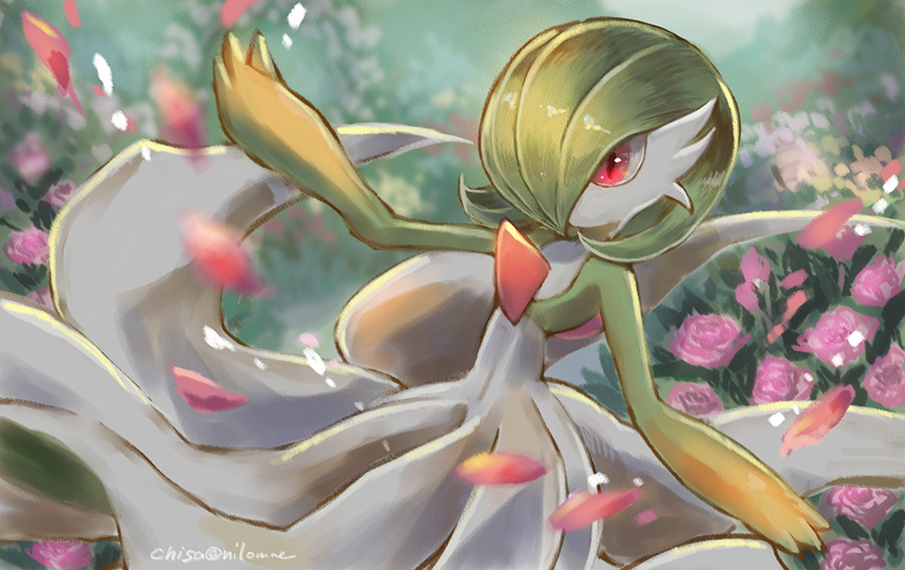artist_name bob_cut colored_skin dress falling_petals field flower flower_field gardevoir gen_3_pokemon green_hair green_skin hair_over_one_eye momomo12 multicolored_skin nintendo petals pink_eyes pink_flower pink_petals pink_rose pokemon pokemon_(creature) rose two-tone_skin white_dress white_skin