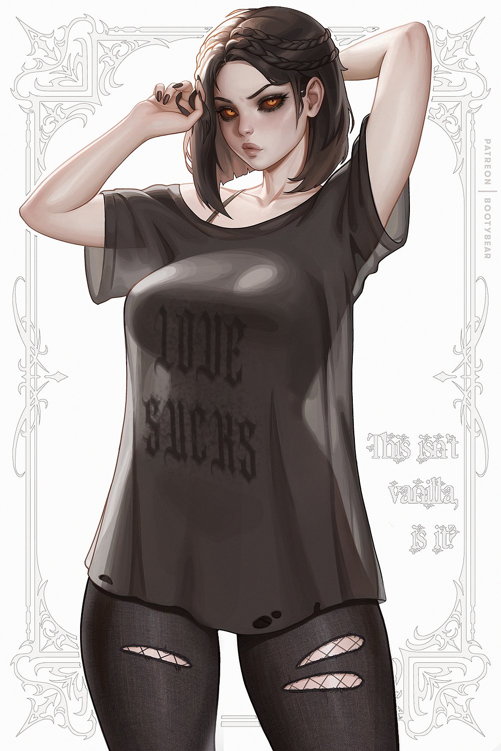 1girl alternate_costume arm_behind_head artist_name black_nails black_pants bootybear bra_strap braid breasts brown_shirt clothes_writing collarbone colored_sclera commentary cowboy_shot crown_braid curvy english_commentary english_text hair_behind_ear hand_up highres holding holding_own_hair large_breasts looking_at_viewer medium_hair multiple_braids nail_polish orange_eyes pants parted_bangs patreon_username red_sclera see-through_clothes see-through_shirt see-through_silhouette serana shirt short_sleeves solo the_elder_scrolls the_elder_scrolls_v:_skyrim thick_lips thighs torn_clothes torn_pants translucent variant_set