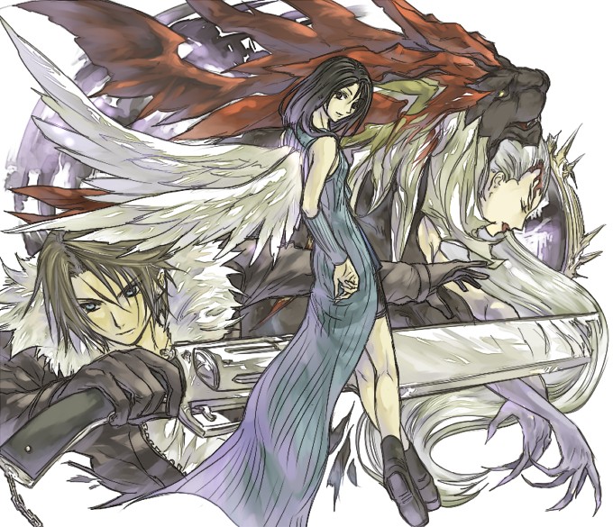 1boy 2girls bike_shorts black_footwear black_fur black_gloves black_hair black_jacket black_shorts blue_eyes boots brown_hair commentary_request dated_commentary detached_sleeves facial_mark feathered_wings final_fantasy final_fantasy_viii fur-trimmed_jacket fur_trim gloves griever gunblade hair_over_shoulder hair_slicked_back hand_up hinokami holding holding_weapon jacket light_smile lion long_hair long_sleeves looking_back multiple_girls open_clothes open_jacket red_lips rinoa_heartilly scar scar_on_face serious shirt short_hair shorts sleeveless_duster squall_leonhart ultimecia weapon white_hair white_shirt white_wings wings