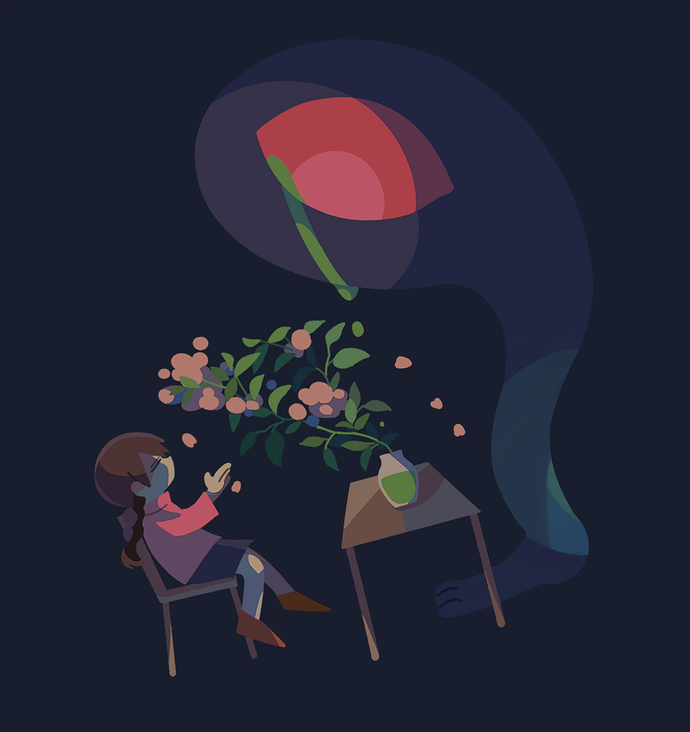 1girl black_background black_skirt braid brown_hair chair closed_eyes colored_sclera commentary_request crying cyclops dutch_angle expressionless facing_another falling_petals flower hand_up kasei-san long_hair long_sleeves looking_at_another madotsuki no_mouth on_chair one-eyed petals pink_eyes pink_flower pink_sweater plant potted_plant red_sclera shoes sitting skirt suyazzz_(soyoyon) sweater table turtleneck turtleneck_sweater vase yume_nikki