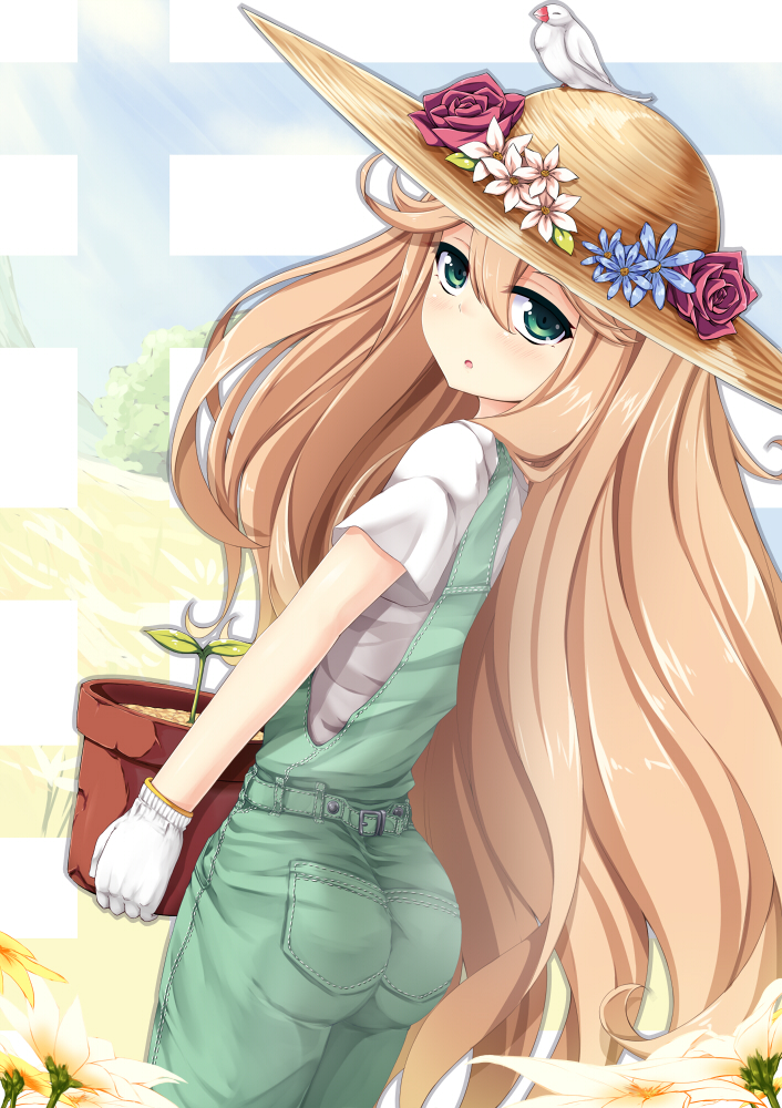 1girl amau_(kosmos) ass bird brown_hair carrying female_focus flower flower_pot from_behind gardening girlfriend_(kari) gloves green_eyes hat java_sparrow long_hair looking_back overalls plant shirt solo sun_hat t-shirt white_bird white_java_sparrow yumesaki_haruko