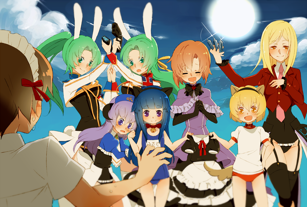 1boy 6+girls =_= ai-wa animal_ears bell blonde_hair blue_eyes blue_hair blush brown_hair buruma cat_ears cat_tail chiester410 chiester410_(cosplay) chiester45 chiester45_(cosplay) chiester_sisters chiester_sisters_(cosplay) collar company_connection cosplay creator_connection day dog_ears dog_tail drooling eiserne_jungfrau eva_beatrice eva_beatrice_(cosplay) fake_animal_ears fake_tail fang full_moon furude_rika garter_straps green_eyes green_hair gun gym_uniform hanyuu higurashi_no_naku_koro_ni horns houjou_satoko in-franchise_crossover long_hair maebara_keiichi maid maid_headdress moon multiple_girls neck_bell necktie no_naku_koro_ni_(series) open_mouth orange_hair own_hands_together pink_necktie ponytail purple_eyes purple_hair rabbit_ears ryukishi07 ryuuguu_rena school_swimsuit short_hair showgirl_skirt siblings sisters sky smile sonozaki_mion sonozaki_shion stakes_of_purgatory stakes_of_purgatory_(cosplay) stun_gun sweat swimsuit syringe tail takano_miyo taser thighhighs twins umineko_no_naku_koro_ni weapon