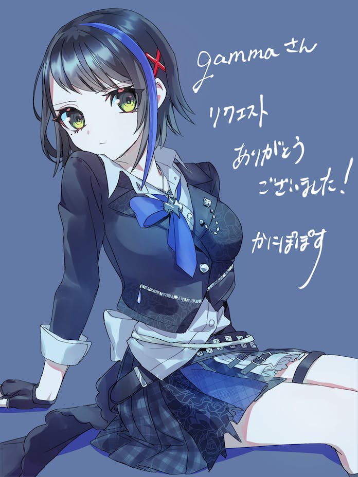 1girl arm_support black_gloves black_hair black_jacket black_skirt blue_hair blue_neckerchief breasts closed_mouth collared_shirt commentary_request commission cosplay cropped_jacket denonbu fingerless_gloves gloves green_eyes hair_ornament idol_clothes idolmaster idolmaster_cinderella_girls invisible_chair jacket kanipoposu large_breasts long_sleeves looking_at_viewer multicolored_hair neckerchief next_frontier_(idolmaster) pleated_skirt seto_mitsuki shirt short_hair sitting skeb_commission skirt solo streaked_hair thigh_strap white_shirt x_hair_ornament
