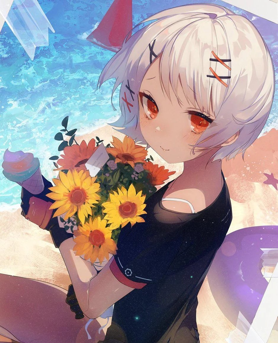 1girl alternate_costume artist_request black_gloves black_shirt bouquet flower gloves grey_hair hair_ornament holding holding_bouquet holding_ice_cream_cone ice_cream_cone looking_at_viewer medium_hair orange_eyes poolside punishing:_gray_raven shirt short_sleeves solo sophia_(pgr) source_request sunflower third-party_source x_hair_ornament