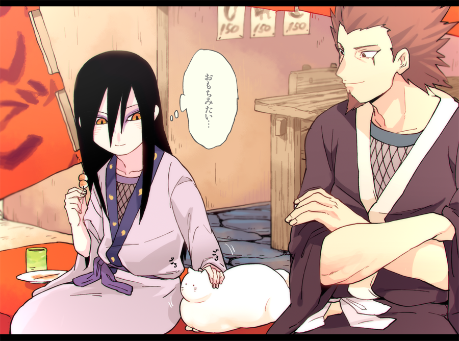 aged_down beard black_hair brown_hair cat crossed_arms cup dango eyeliner facial_hair facial_mark fishnets food hair_between_eyes holding holding_food japanese_clothes japanese_text kimono long_hair makeup motion_lines multiple_boys naruto_(series) orochimaru_(naruto) pale_skin petting plate restaurant sarutobi_hiruzen short_hair sitting sitting_on_object slit_pupils smile speech_bubble spiked_hair teacher_and_student thought_bubble translated wagashi yazakc yellow_eyes