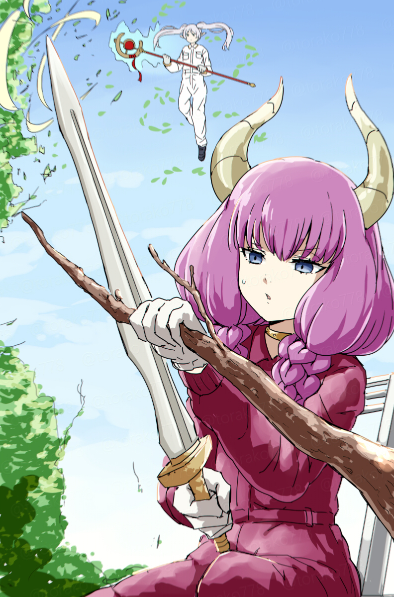 2girls aura_(sousou_no_frieren) blue_eyes branch contemporary cutting day flying frieren gloves highres holding holding_branch holding_staff horns jumpsuit long_hair multiple_girls outdoors pink_hair sitting sousou_no_frieren staff sweatdrop sword torako_(toramaru) twintails weapon