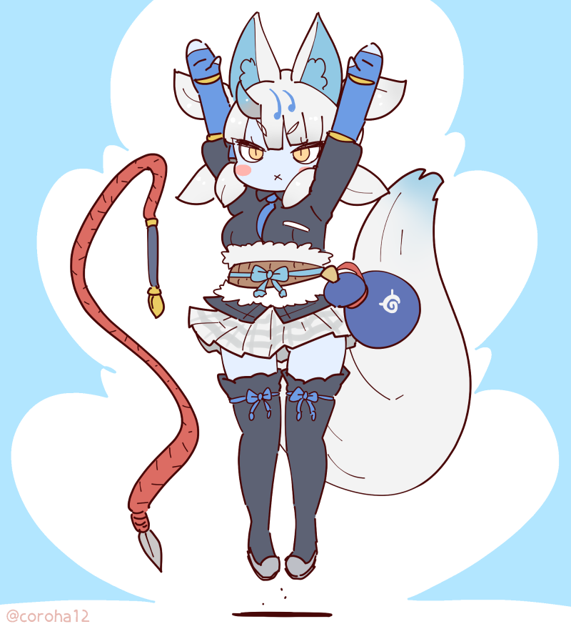 1girl animal_ears arms_up blue_background coroha elbow_gloves extra_ears fingerless_gloves fox_ears fox_girl fox_tail full_body ginkaku_(kemono_friends) gloves grey_hair horns japari_symbol jumping kemono_friends kemono_friends_3 long_hair looking_at_viewer necktie ribbon shirt shoes silver_horned_king_(kemono_friends) simple_background skirt solo tail thighhighs weapon whip yellow_eyes
