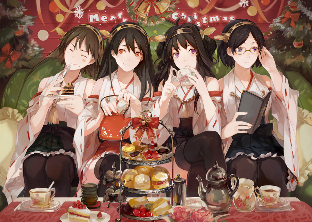 10s 4girls adjusting_eyewear bare_shoulders black_hair black_legwear blue_eyes blush book breasts brown_eyes brown_hair cake cake_slice christmas christmas_ornaments christmas_tree couch creamer cup detached_sleeves double_bun eating closed_eyes female_focus flower food fork frilled_skirt frills fruit glasses green_upholstery hair_ornament hairband haruna_(kancolle) headgear hiei_(kancolle) holiday japanese_clothes kantai_collection kettle kirishima_(kancolle) kongou_(kancolle) long_hair merry_christmas milk multiple_girls nineo nontraditional_miko off_shoulder open_book pantyhose pastry patterned_upholstery personification plaid plate purple_eyes reading ribbon-trimmed_sleeves ribbon_trim rose sandwich short_hair sitting skirt smile spoon strawberry strawberry_shortcake table tea_kettle tea_set teacup teapot thighhighs tiered_serving_stand tiered_tray tray yunomi