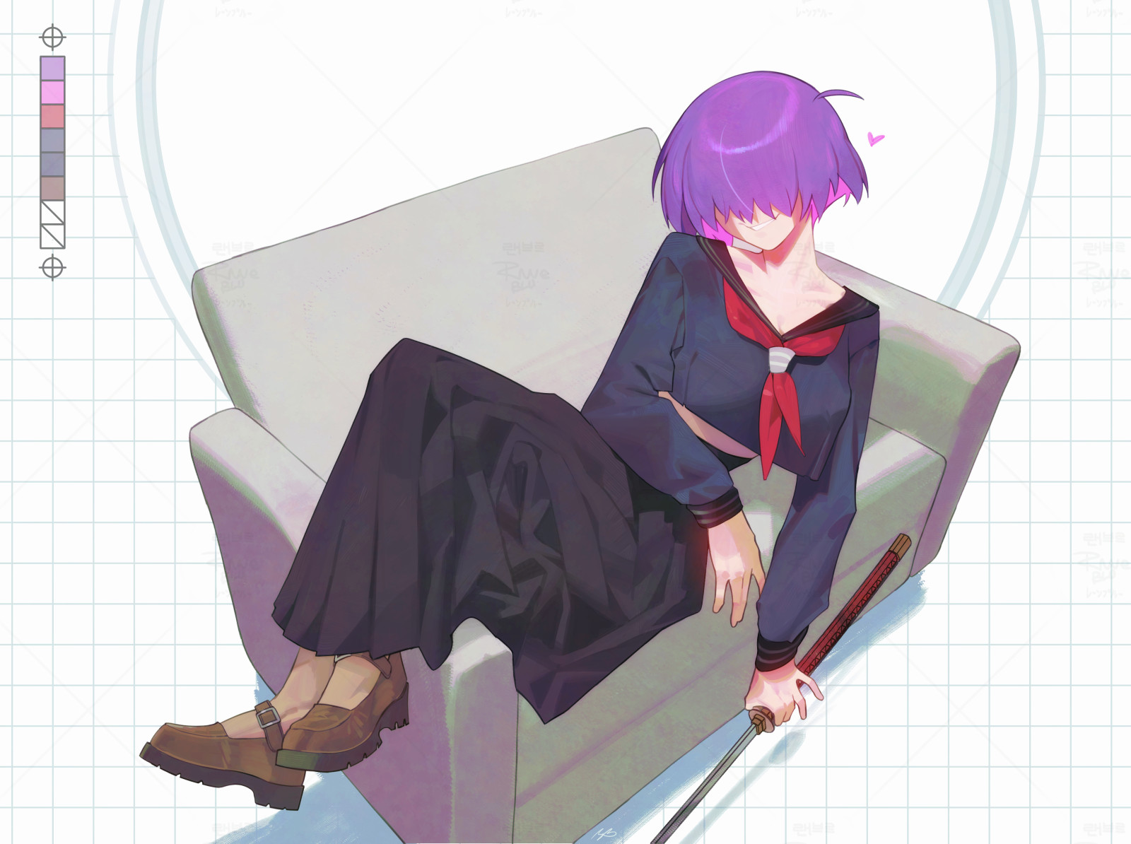 1girl ahoge black_skirt blue_shirt breasts brown_pantyhose brown_shoes cleavage color_guide couch crop_top crop_top_overhang crossed_legs facing_viewer full_body grid_background grin hair_over_eyes heart highres holding holding_sword holding_weapon long_sleeves mara_(raneblu) medium_breasts neckerchief original pantyhose purple_hair raneblu red_neckerchief sailor_collar school_uniform shirt shoes short_hair signature sitting_sideways skirt smile solo sword weapon