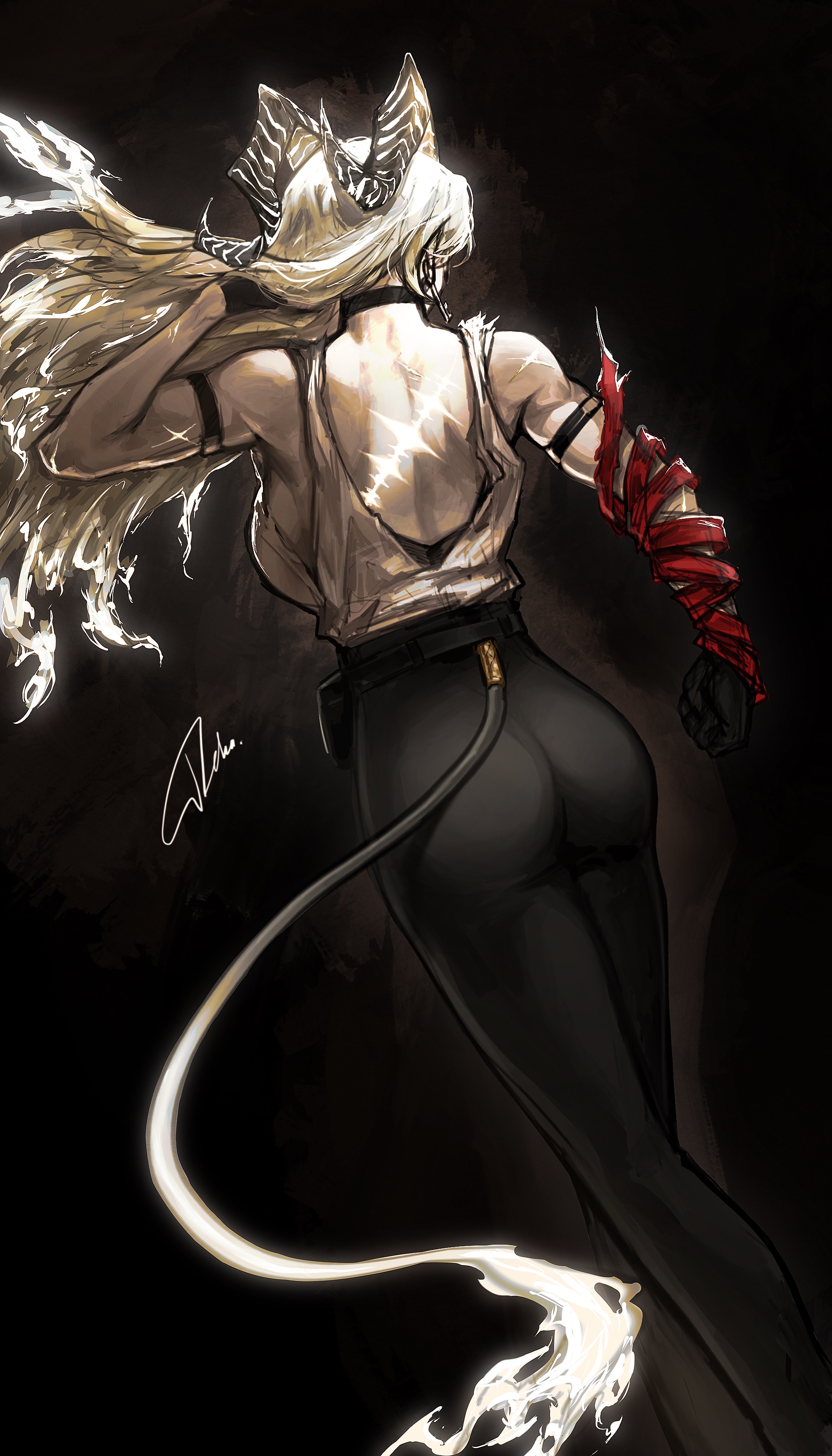 1girl absurdres ass bare_shoulders black_choker black_gloves black_horns black_pants blonde_hair breasts choker clenched_hand commentary curled_horns dark_background deka_yo earrings fire flame-tipped_tail from_behind gloves hand_up highres horns jewelry key_earrings large_breasts long_hair median_furrow muscular muscular_female necktie necktie_around_wrists pants red_necktie shirt signature solo tacet_mark_(wuthering_waves) tail torn_clothes torn_shirt white_shirt wuthering_waves zani_(wuthering_waves)