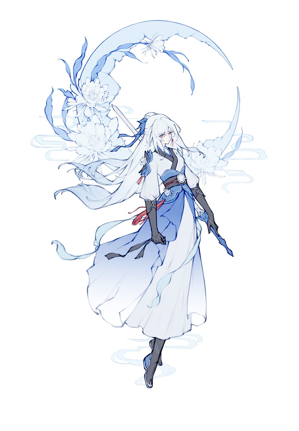 1girl alternate_costume bad_link black_footwear black_gloves chinese_clothes epiphyllum flower full_body gloves hanfu highres holding holding_sword holding_weapon honkai:_star_rail honkai_(series) jiaoling_ruqun jingliu_(honkai:_star_rail) long_hair red_eyes ribbon simple_background solo sword weapon white_background white_hair