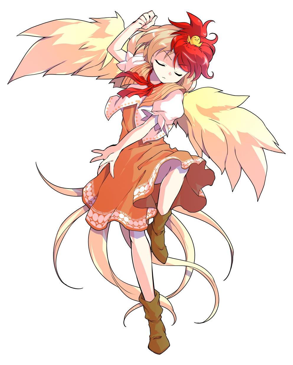 1girl alphes_(style) animal animal_on_head baby_animal bird bird_tail blonde_hair boots brown_boots chick commentary_request dairi dress feathered_wings fighting_stance full_body highres looking_at_viewer multicolored_hair neckerchief niwatari_kutaka on_head open_mouth orange_dress parody puffy_short_sleeves puffy_sleeves red_eyes red_hair red_neckerchief shirt short_hair short_sleeves smile solo standing standing_on_one_leg style_parody tachi-e tail touhou transparent_background two-tone_hair white_shirt wings