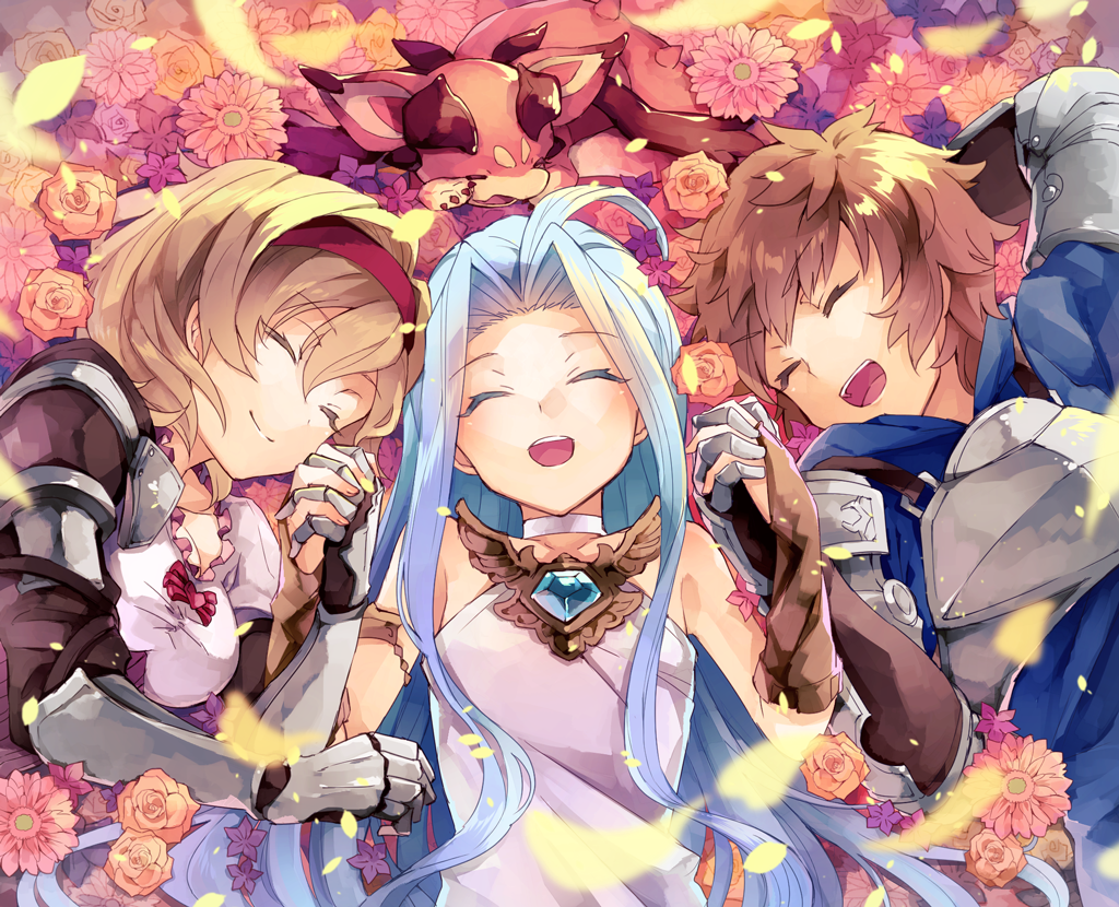 10s 1boy 2girls armor blonde_hair blue_hair brown_eyes brown_hair djeeta_(granblue_fantasy) ebony_nightmare fighter_(granblue_fantasy) flower gran_(granblue_fantasy) granblue_fantasy hairband holding_hands long_hair lying lyria_(granblue_fantasy) multiple_girls short_hair smile vyrn_(granblue_fantasy)