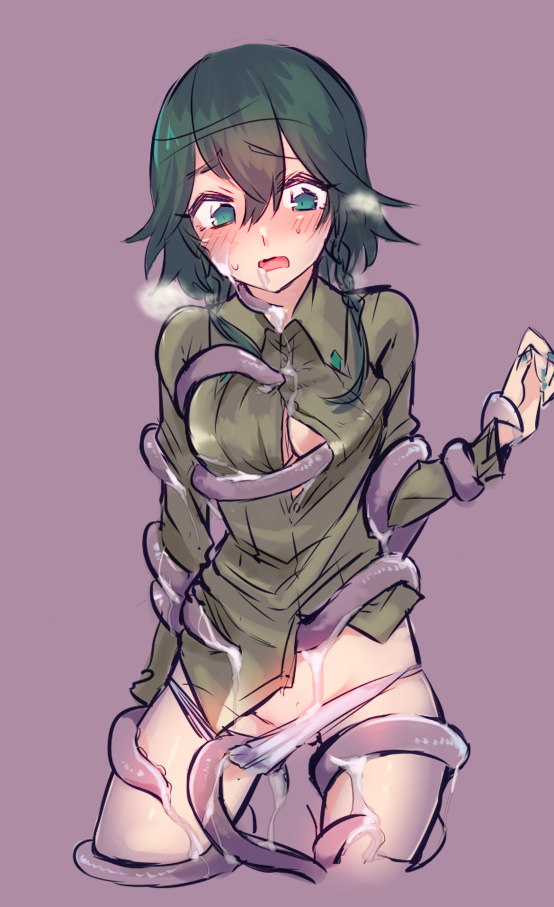 1girl blush bound breath collared_shirt green_hair green_nails green_shirt nail_art nail_polish nayoha_(seven) no_pants open_mouth original panties panty_pull purple_background shirt short_hair_with_long_locks simple_background sketch slimy sweat tentacles tentacles tentacles_under_clothes unbuttoned unbuttoned_shirt underwear