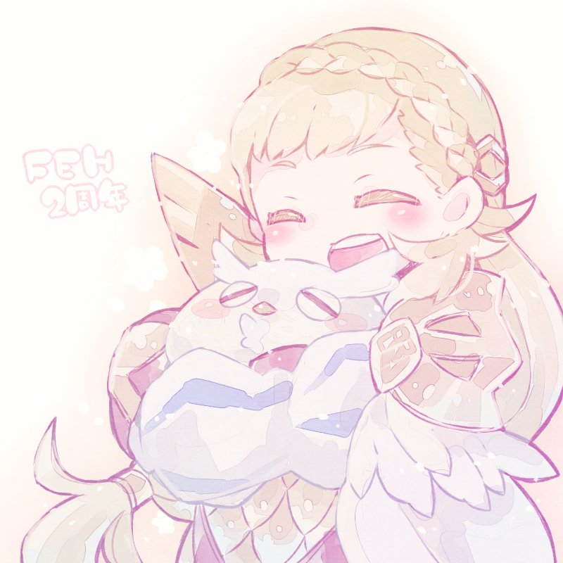 2girls armor bird blonde_hair braid closed_eyes crown_braid feh_(fire_emblem_heroes) fire_emblem fire_emblem_heroes hug long_hair multiple_girls nintendo nozomu_o owl scale_armor sharena_(fire_emblem)