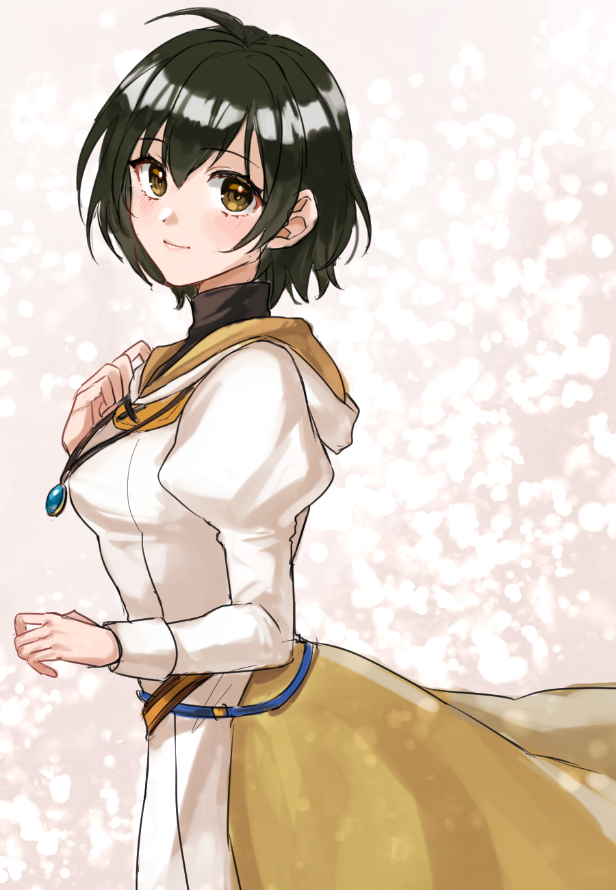 1girl black_hair black_undershirt brown_eyes closed_mouth fire_emblem fire_emblem:_radiant_dawn hand_on_own_chest hazuki_(nyorosuke) highres hood hood_down jewelry laura_(fire_emblem) light_blush looking_at_viewer necklace nintendo pendant sarong simple_background smile solo white_sarong