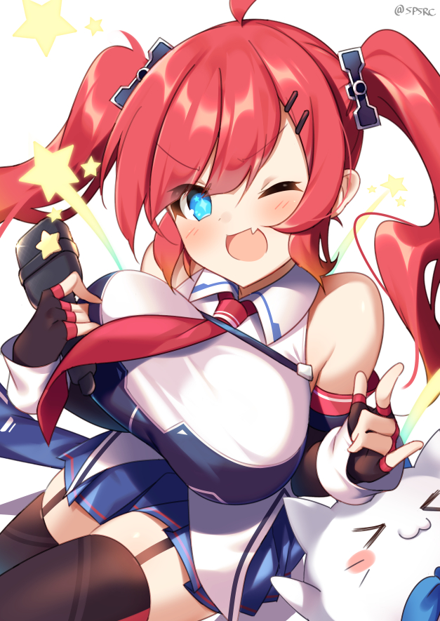 &gt;_&lt; 1girl :3 :d azur_lane bare_shoulders blue_eyes breasts cat cleavage collared_shirt commentary detached_sleeves fang female_focus fingerless_gloves gloves hair_ornament hairclip large_breasts microphone necktie one_eye_closed open_mouth pink_hair pleated_skirt san_diego_(azur_lane) san_diego_(retrofit)_(azur_lane) shirt skirt smile solo star_(symbol) supershiruco thighhighs twintails