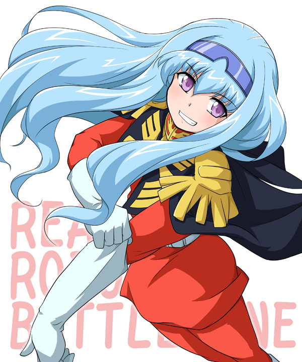 1girl bioroid_hei black_cape blue_hair blue_hairband cape char_aznable char_aznable_(cosplay) copyright_name cosplay floating_hair gloves gundam hairband jacket leaning_back long_hair looking_at_viewer mobile_suit_gundam musica_fareden pants purple_eyes real_robot_battle_line red_jacket red_pants smile solo white_background white_gloves