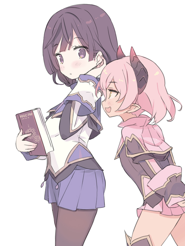 2girls :d black_hair black_jacket blade_(galaxist) blush book brown_eyes brown_legwear commentary_request curled_horns demon_horns hair_between_eyes hand_up holding holding_book horns jacket long_sleeves multiple_girls open_mouth pantyhose pink_hair pink_skirt pleated_skirt pop-up_story profile purple_skirt revia_serge shirt simple_background skirt sleeves_past_wrists smile ursula_raiment white_background white_shirt