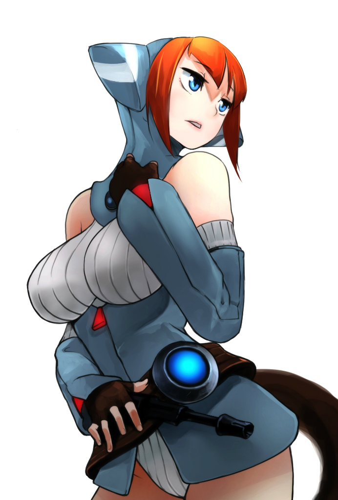 1girl animal_ears animal_hood blue_eyes breasts breath_of_fire breath_of_fire_v cat_ears cat_hood gloves hood lin_(breath_of_fire) lips orange_hair short_hair simple_background solo tail white_background yunar