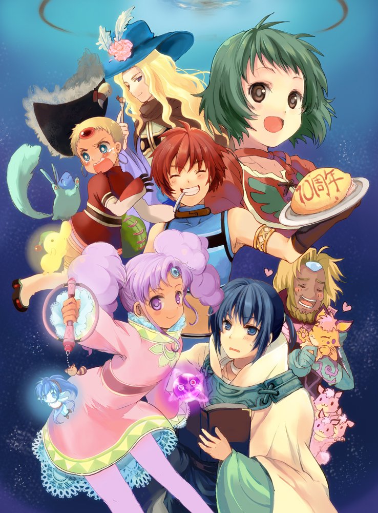 00s 3girls 4boys :o ^_^ angry bad_id bad_pixiv_id blonde_hair blue_eyes blue_hair blush book boots brown_eyes cape celsius celsius_(tales) chat_(tales) choker closed_eyes creature curly_hair dark_skin dress earrings facial_mark farah_oersted feathers fog_(tales) food forehead_mark gloves green_hair happy hat heart jewelry keele_zeibel long_hair meredy_(tales) miton_(ton321) mouth_hold multiple_boys multiple_girls pantyhose pirate pirate_hat plate ponytail purple_eyes purple_hair purple_legwear quickie_(tales) rassius_luine red_hair red_shirt reid_hershel shawl shirt short_hair smile tales_of_(series) tales_of_eternia tears twintails