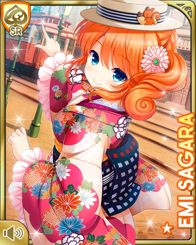 1girl blue_eyes breasts card_(medium) character_name closed_mouth cosplay flower girlfriend_(kari) hair_flower hair_ornament hat japanese_clothes kimono large_breasts looking_at_viewer medium_hair official_art orange_hair outdoors pink_flower qp:flapper red_kimono sagara_emi sash smile standing tagme taishou_era two_side_up