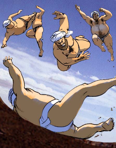 2channel 5boys aerial_battle afghanistan barefoot battle beard chest_hair cloud day dutch_angle facial_hair fighting flying hyaku_todoroki jumping kicking male_focus martial_arts mawashi meme misogram multiple_boys neta original sky sumo turban what wrestler wrestling