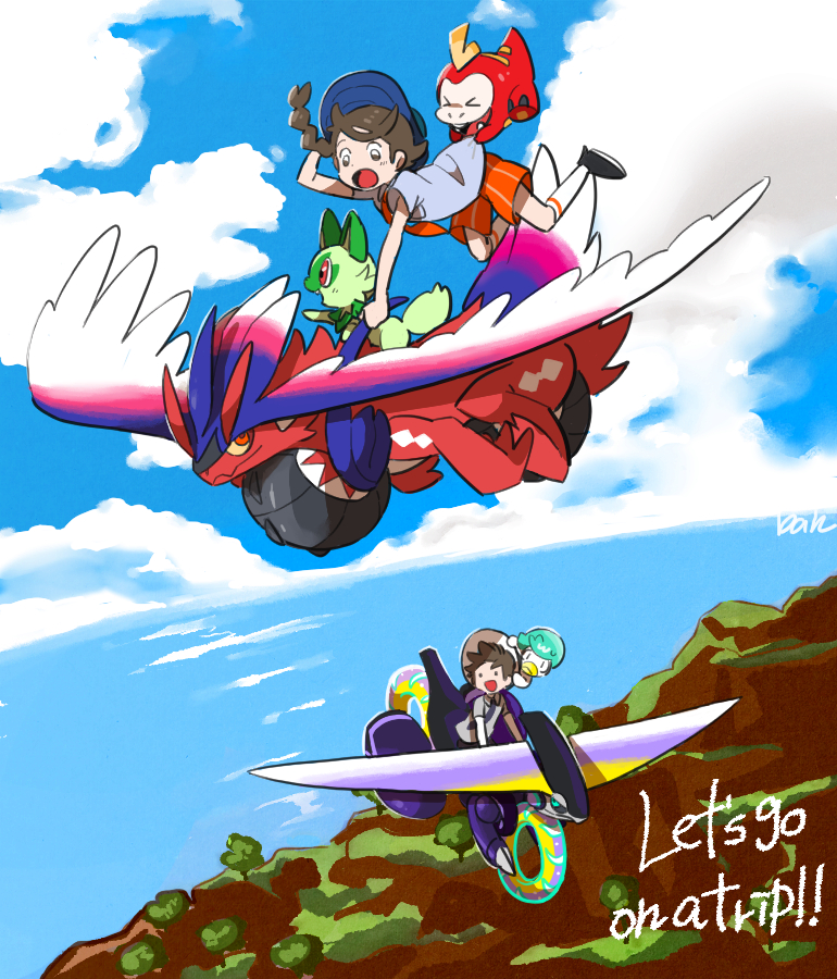 &gt;_&lt; ._. 1boy 1girl :d :o ban_(ban62460424) black_sclera black_shoes blue_eyes blue_hat blue_sky braid brown_eyes brown_hair cat closed_eyes closed_mouth cloud colored_sclera commentary_request day dragon english_text florian_(pokemon) flying fuecoco grass grey_shirt hat juliana_(pokemon) kneehighs koraidon long_hair naranja_academy_school_uniform nintendo on_head open_mouth orange_eyes orange_shorts outdoors pokemon pokemon_(creature) pokemon_on_head pokemon_sv quaxly red_eyes riding riding_pokemon robot school_uniform shirt shoes short_hair short_sleeves shorts side_braid signature single_braid sky smile socks sprigatito starter_pokemon_trio tree uva_academy_school_uniform water white_hat white_socks yellow_sclera