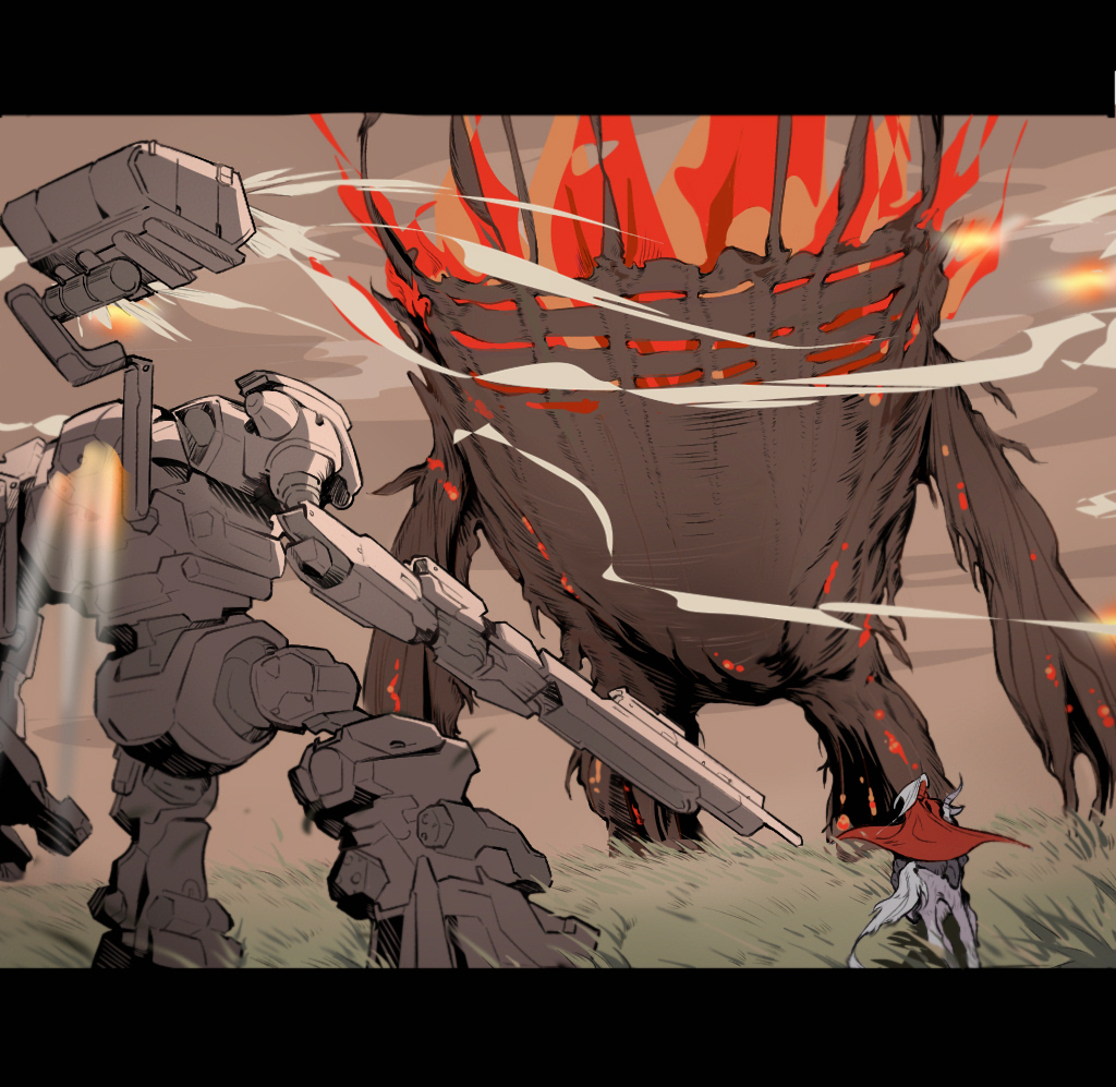1other armored_core armored_core_vi:_fires_of_rubicon cape character_request cloud company_connection elden_ring faceoff field fire fromsoftware furnace_golem grass grey_sky gun holding holding_gun holding_weapon letterboxed loader_4 mecha missile_pod monster outdoors red_cape refus riding riding_animal rifle robot sky smoke smoke_trail thrusters weapon