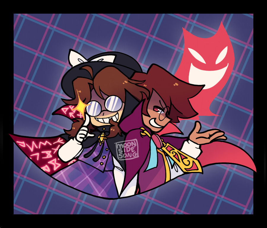 1boy 1girl adjusting_eyewear artist_name black_border black_cloak black_headwear border bow brown_hair cape cloak commentary cropped_torso crossover dark-skinned_male dark_skin english_commentary evil_grin evil_smile glasses grid_background grin hat hat_bow high_collar klug_(puyopuyo) long_sleeves medium_hair moonsidesong mystical_high_collar opaque_glasses outside_border plaid_clothes plaid_skirt plaid_vest purple_background purple_cloak purple_skirt purple_vest puyopuyo red_cloak red_eyes round_eyewear runes school_uniform shirt short_hair skirt smile sparkle strange_klug touhou two-sided_cloak two-sided_fabric usami_sumireko vest watermark white_bow white_shirt