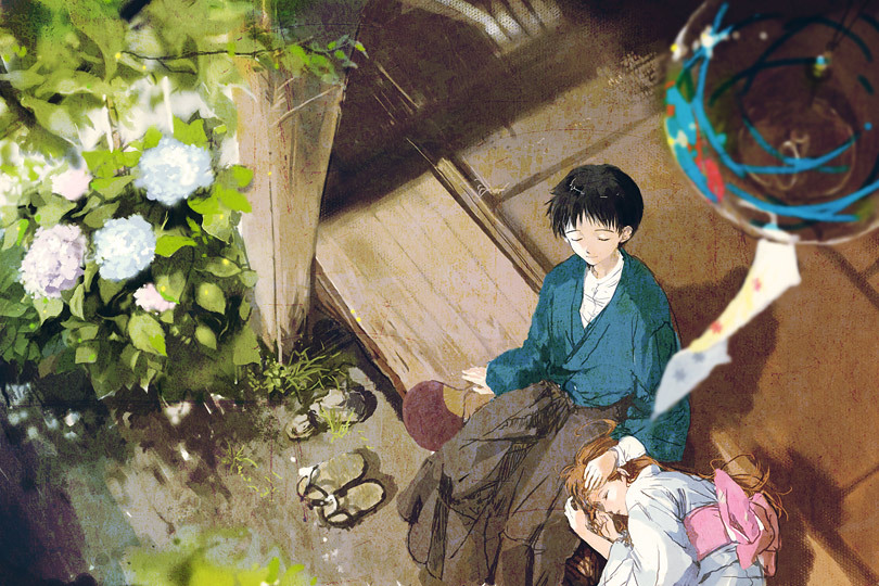 1boy 1girl bad_id bad_pixiv_id blurry couple depth_of_field flower foreshortening from_above hand_fan hetero hydrangea ikari_shinji japanese_clothes kimono lap_pillow neon_genesis_evangelion niko_(silent.whitesnow) paper_fan porch sandals slice_of_life souryuu_asuka_langley uchiwa veranda wind_chime