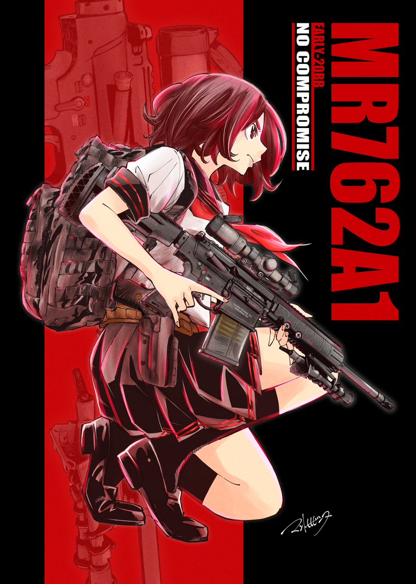 1girl 7.62x51mm_nato ammunition backpack bag battle_rifle bipod black_shoes black_skirt black_socks closed_eyes commentary commentary_request english_text from_side full_body fully_powered_cartridge gpmg_cartridge gun h&amp;k_mr762a1 handgun heckler_&amp;_koch holding holding_gun holding_weapon holster holstered mantohihi_binta neckerchief on_one_knee original pleated_skirt red_eyes red_hair red_neckerchief rifle rifle_cartridge school_uniform scope see-through_clothes serafuku shirt shoes skirt sniper_rifle socks solo transparent trigger_discipline weapon white_shirt