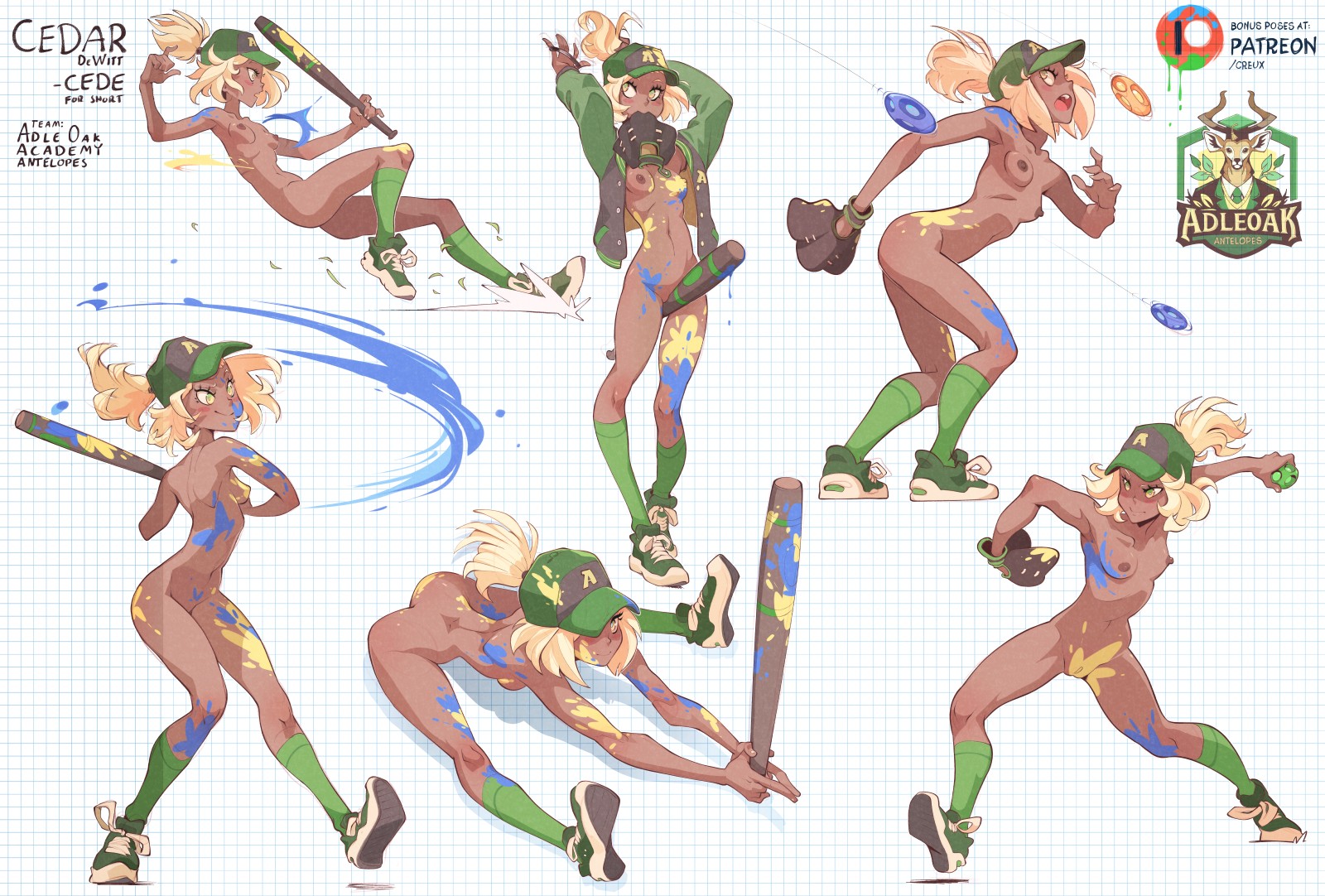 1girl ass ball baseball_bat baseball_cap batting_stance between_legs blonde_hair breasts cedar_(creux) character_name cleft_of_venus commentary creux dark-skinned_female dark_skin english_commentary english_text full_body glove_in_mouth gloves green_footwear green_socks grid_background hair_tie hat highres holding holding_ball holding_baseball_bat holding_hair_tie holding_own_hair jacket naked_footwear logo medium_breasts mouth_hold multiple_views navel nipples nude open_clothes open_jacket original paid_reward_available paint_on_body paint_splatter patreon_logo patreon_username pitching ponytail pussy shoes sitting sliding sneakers socks splatball_(creux) standing teeth thigh_gap uncensored white_background yellow_eyes