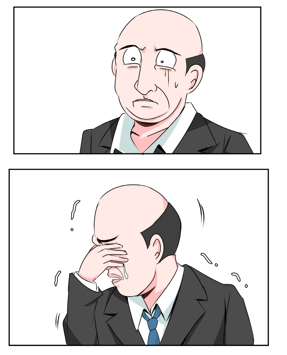 1boy balding black_suit blouse collared_shirt comic covering_own_eyes cyberdemon_no3 formal_clothes gloom_(expression) highres male_focus necktie original raised_eyebrows shirt silent_comic simple_background suit tears trembling white_background white_shirt