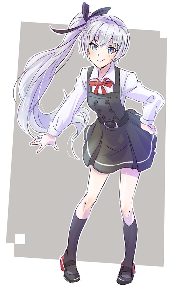 1girl belt black_socks blouse blue_eyes commentary_request cosplay dress female_focus full_body hair_ribbon hand_on_own_hip iesupa kantai_collection kasumi_(kancolle) kasumi_(kancolle)_(cosplay) kneehighs long_hair pinafore_dress ribbon rwby scar scar_across_eye scar_on_face school_uniform shirt shoes sleeveless sleeveless_dress smile socks solo standing very_long_hair weiss_schnee white_hair white_shirt
