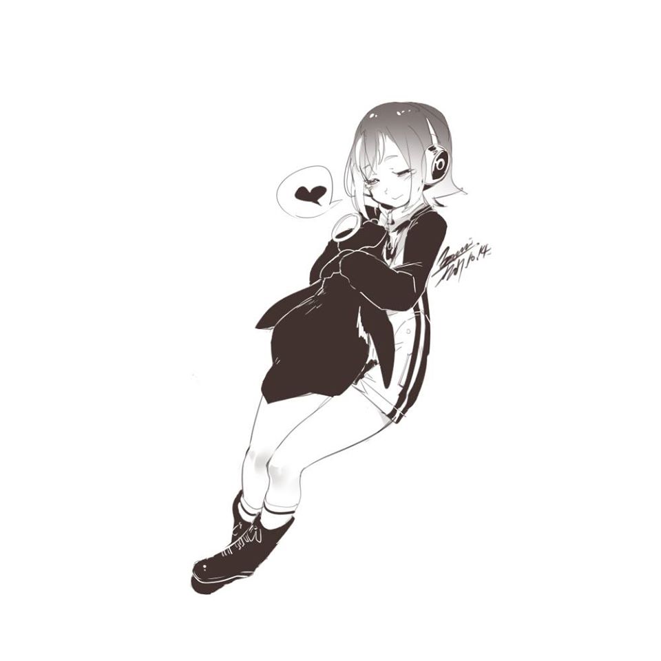 1girl closed_mouth ejami female_focus grape-kun greyscale headphones heart humboldt_penguin_(kemono_friends) kemono_friends monochrome short_hair simple_background smile solo white_background