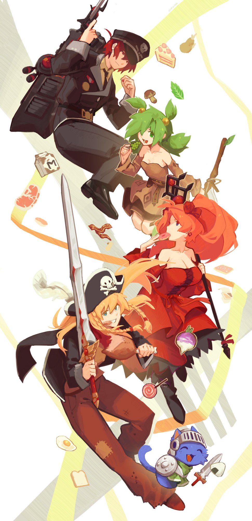 111nuaywwa 2boys 2girls anna_(epic_battle_fantasy) aqua_eyes bacon bare_shoulders black_hat black_necktie blonde_hair blue_eyes blue_fur boned_meat braid bread bread_slice breasts brown_dress cake cake_slice cat dark_tooth_(epic_battle_fantasy) detached_sleeves donut dress epic_battle_fantasy flower food fried_egg fruit grapes green_eyes green_hair grin hair_flower hair_ornament hat heaven&#039;s_gate_(epic_battle_fantasy) highres holding holding_food holding_sword holding_weapon lance_(epic_battle_fantasy) large_breasts long_hair looking_at_viewer matt_(epic_battle_fantasy) meat multiple_boys multiple_girls natalie_(epic_battle_fantasy) necktie nolegs_(epic_battle_fantasy) onigiri orange_hair peaked_cap pill pirate_hat quad_tails red_dress red_eyes red_hair rose shield short_hair small_breasts smile strapless strapless_dress sword toast twin_braids weapon
