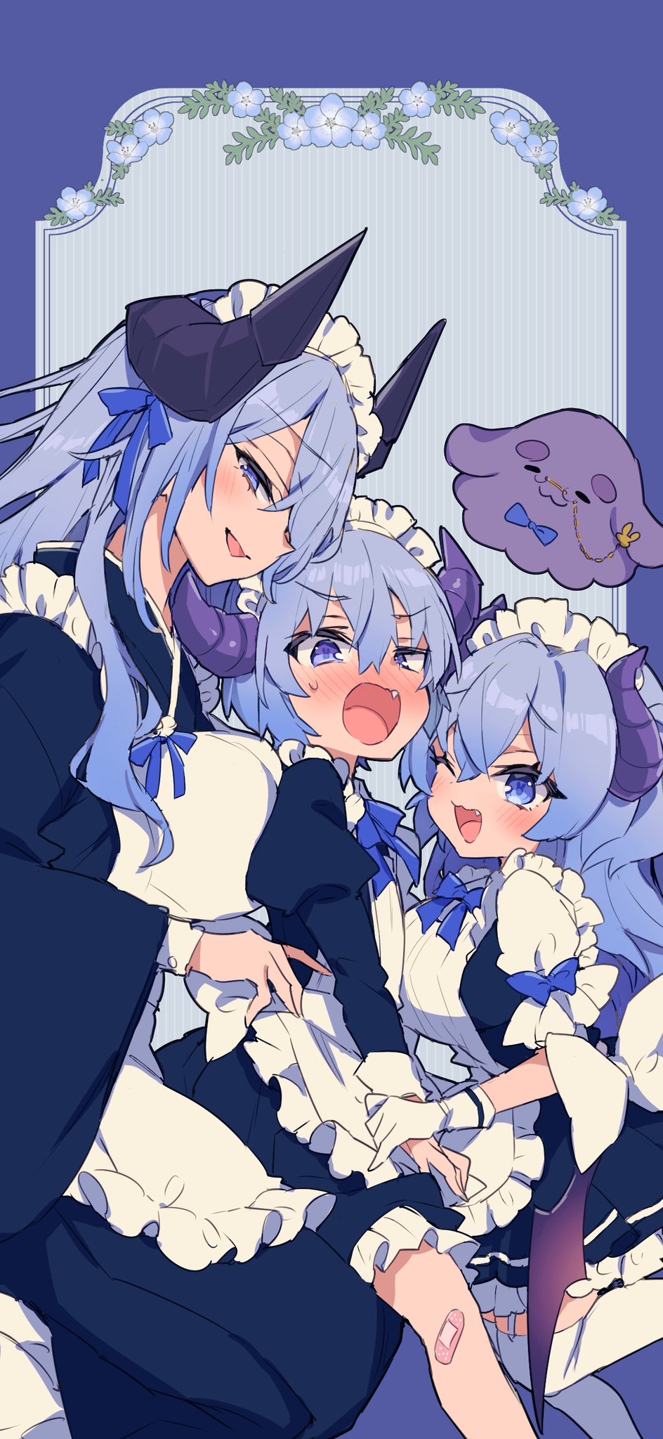 1boy 2girls apron bandaid bandaid_on_leg black_dress black_horns blue_bow blue_bowtie blue_eyes blue_hair blue_ribbon bow bowtie breasts crossdressing dress fang garter_straps girl_sandwich gloves grey_hair hair_between_eyes hair_ribbon highres horns indie_virtual_youtuber long_hair long_sleeves maou_chirorunia morishima_kon multiple_girls one_eye_closed open_mouth purple_horns rabbit-shaped_pupils ribbon sandwiched symbol-shaped_pupils thighhighs virtual_youtuber white_apron white_garter_straps white_gloves white_thighhighs