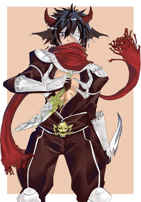 1boy armor assassin_cross_(ragnarok_online) bandage_over_one_eye black_hair black_wings brown_background brown_pants brown_shirt commentary_request cowboy_shot dagger dual_wielding hair_between_eyes head_wings hijiru holding holding_dagger holding_knife holding_weapon horns knife looking_at_viewer male_focus pants pauldrons ragnarok_online red_eyes red_horns red_scarf scarf shirt short_hair shoulder_armor skull solo spiked_hair torn_clothes torn_scarf two-tone_background vambraces weapon white_background wings