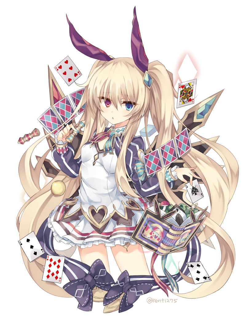 1girl :o ace_(playing_card) ace_of_spades blue_eyes bow card chess_piece club_(shape) diamond_(shape) dress female_focus grimms_notes hair_bow heart heart-shaped_pupils heart_card heterochromia long_sleeves looking_at_viewer multicolored_dress playing_card purple_dress queen_(chess) queen_(playing_card) queen_of_hearts_(playing_card) red_eyes rento_(rukeai) solo spade_(shape) symbol-shaped_pupils white_dress