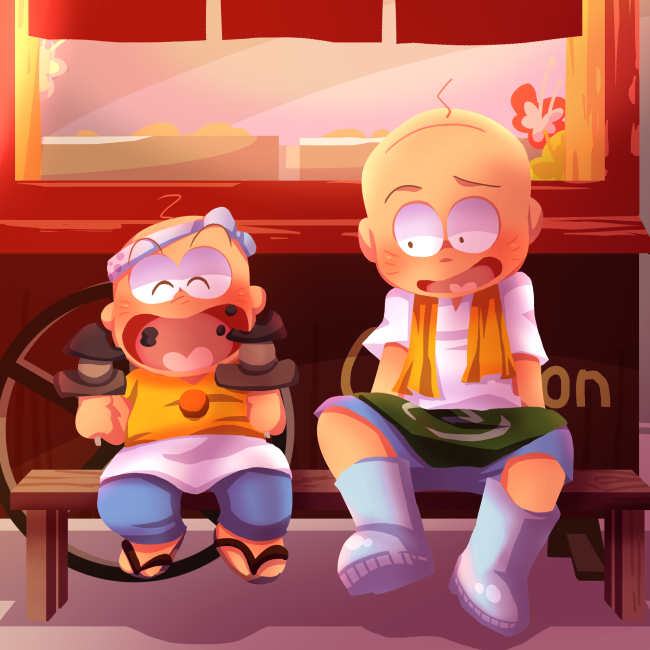 2boys bald blue_footwear boots chibita crumbs facial_mark food food_stand headband heart heart_in_mouth holding holding_food looking_at_another male_focus multiple_boys noren oden on_bench osomatsu-kun osomatsu-san osomatsu_(series) rolo_(marsbar) smile soul_eater time_paradox whisker_markings yatai