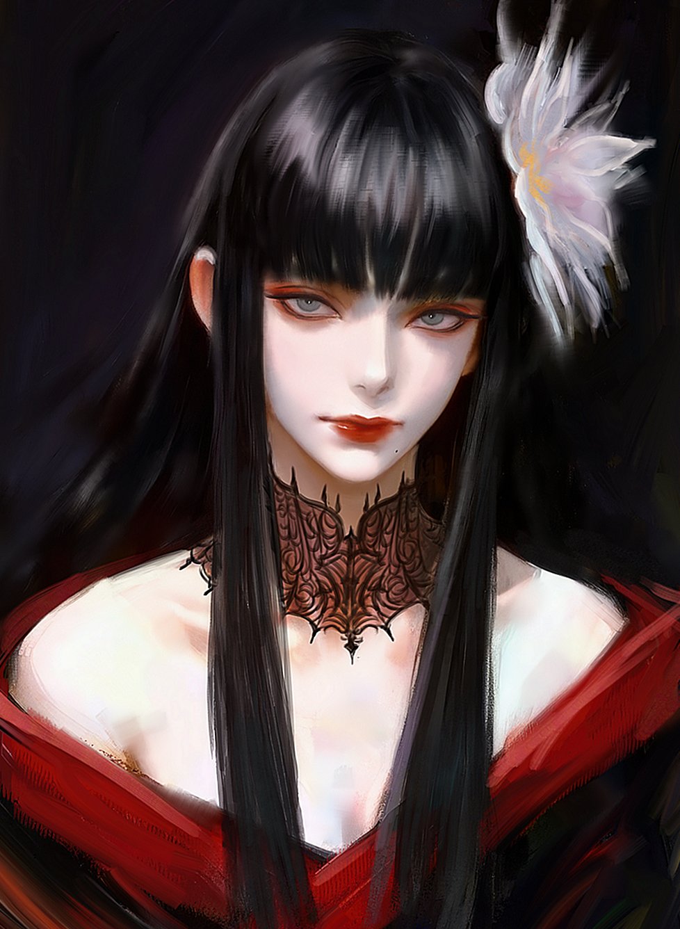 1girl astarionfxxk black_background black_collar black_hair collar eyeshadow final_fantasy final_fantasy_xiv flower grey_eyes hair_flower hair_ornament highres hyur lace_collar long_hair looking_at_viewer makeup mole mole_under_mouth painterly pale_skin portrait red_eyeshadow red_lips red_trim sidelocks solo white_flower yotsuyu_goe_brutus