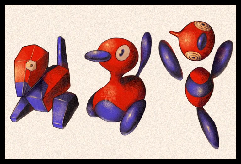 3others black_border border full_body gen_1_pokemon gen_2_pokemon gen_4_pokemon multiple_others nintendo no_humans pebble1250 pokemon porygon porygon-z porygon2 yellow_background