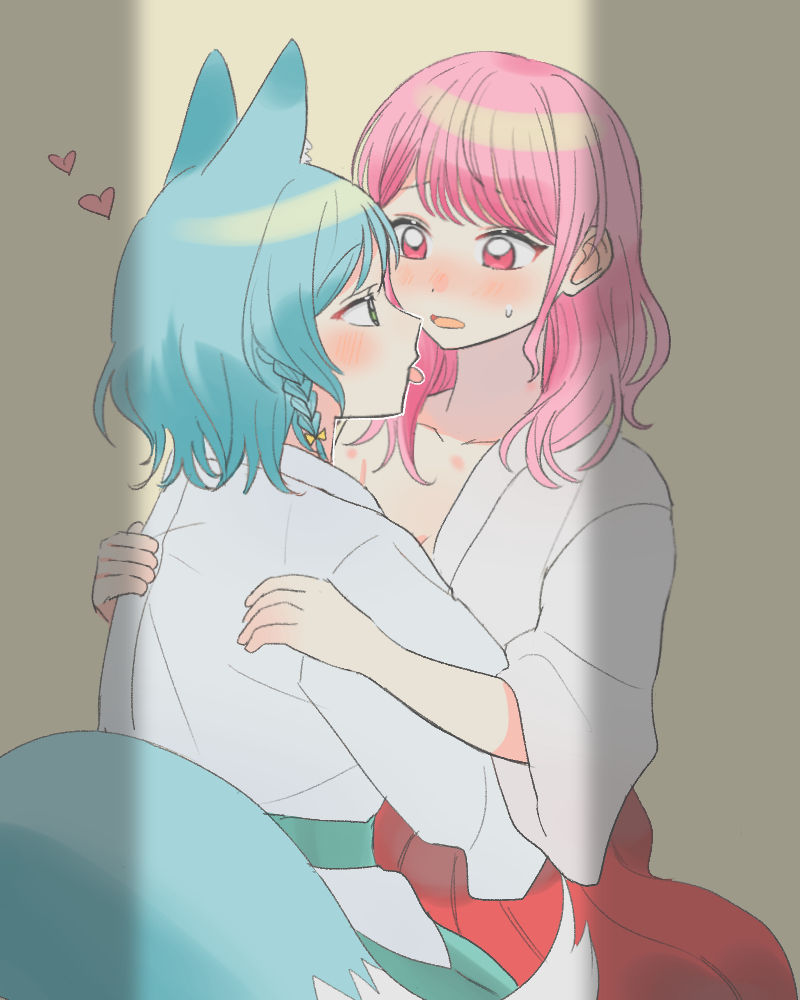 2girls animal_ears bang_dream! blue_hair blush chieh commentary fox_ears fox_girl fox_tail green_eyes hand_on_another&#039;s_back hashtag-only_commentary heart hickey hikawa_hina japanese_clothes kimono looking_at_another maruyama_aya multiple_girls open_mouth pink_eyes pink_hair tail tongue tongue_out white_kimono yuri