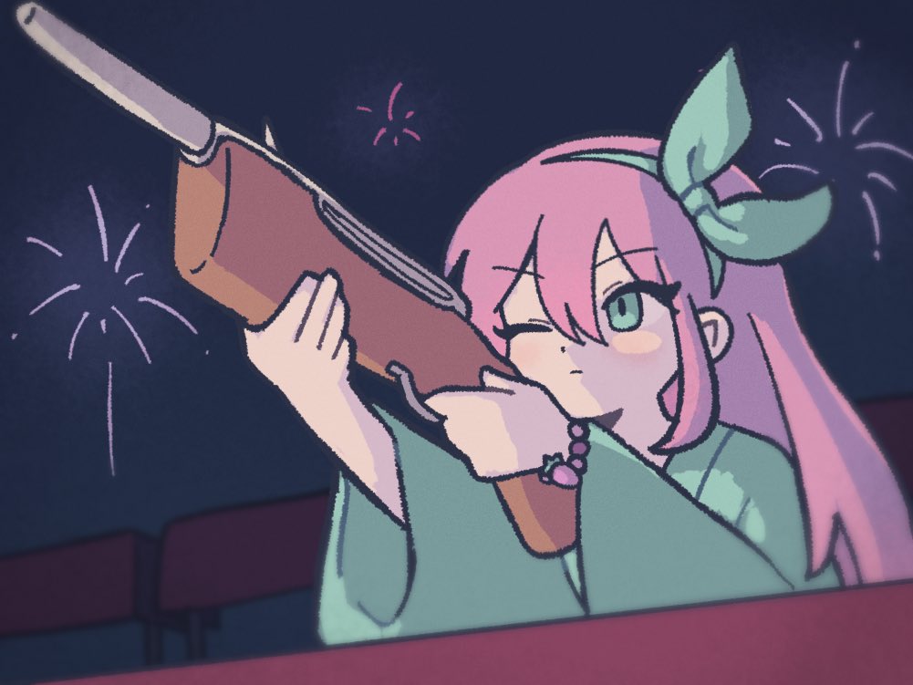 1girl alternate_costume aubrey_(faraway)_(omori) aubrey_(omori) blue_eyes blue_hairband blue_kimono closed_mouth fireworks hairband holding_toy_gun japanese_clothes kimono long_hair long_sleeves mewowem_omo night omori one_eye_closed outdoors pink_hair solo