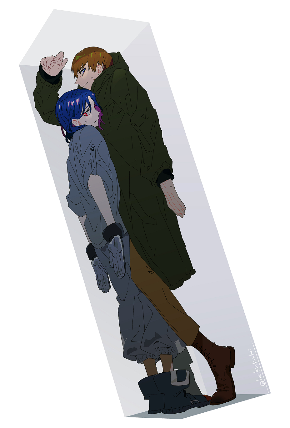 2boys blue_hair box brown_hair coat colored_inner_hair cramped full_body gloves green_eyes gundam gundam_gquuuuuux highres in_box in_container kinkokin_(haikinkinhai) lower_eyelashes_only male_focus mole mole_under_mouth multicolored_hair multiple_boys pants purple_hair red_eyes shirt short_hair shuji_ito standing stuck stuck_in_a_box sweatdrop trapped two-tone_hair white_shirt xavier_olivette