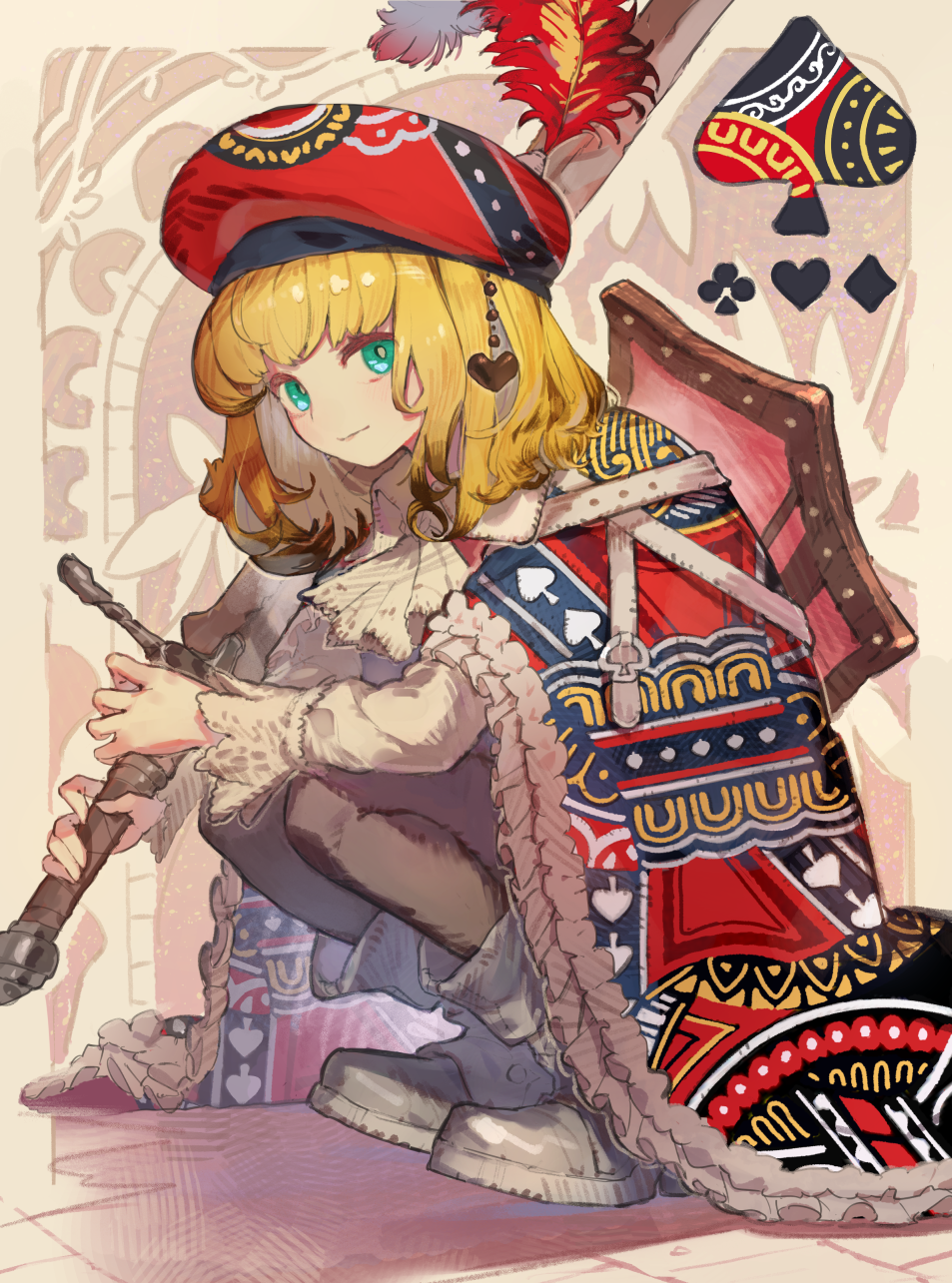 1girl aqua_eyes blonde_hair boots club_(shape) diamond_(shape) fur_trim hat_feather heart highres holding holding_sword holding_weapon knight long_sleeves looking_at_viewer medium_hair original print_cloak print_headwear red_headwear shadow solo spade_(shape) sword ushinoki weapon white_boots