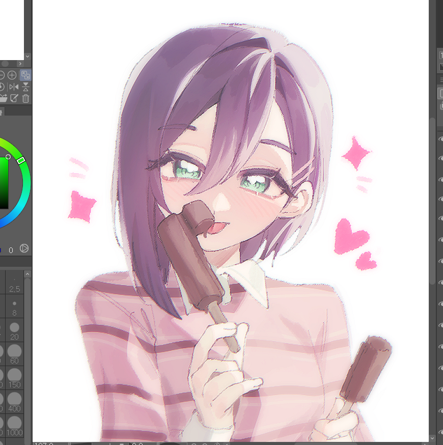 1girl :p alternate_costume art_program_in_frame asymmetrical_hair bangs_pinned_back blush casual chi_kan100 collared_shirt dripping food green_eyes hair_between_eyes hair_intakes hair_ornament hairpin hands_up haraga_kurumi heart holding holding_food holding_ice_cream ice_cream kimi_no_koto_ga_dai_dai_dai_dai_daisuki_na_100-nin_no_kanojo long_shirt looking_at_viewer pink_shirt polo_shirt popsicle_stick purple_hair screencap shirt short_hair simple_background single_sidelock solo sparkle striped_clothes striped_shirt thick_eyebrows tongue tongue_out upper_body white_background
